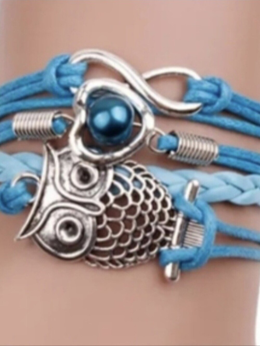 Blue Silver Owl Infinity Heart Pearl Layered Layering Tiered Rope Charm Bracelet